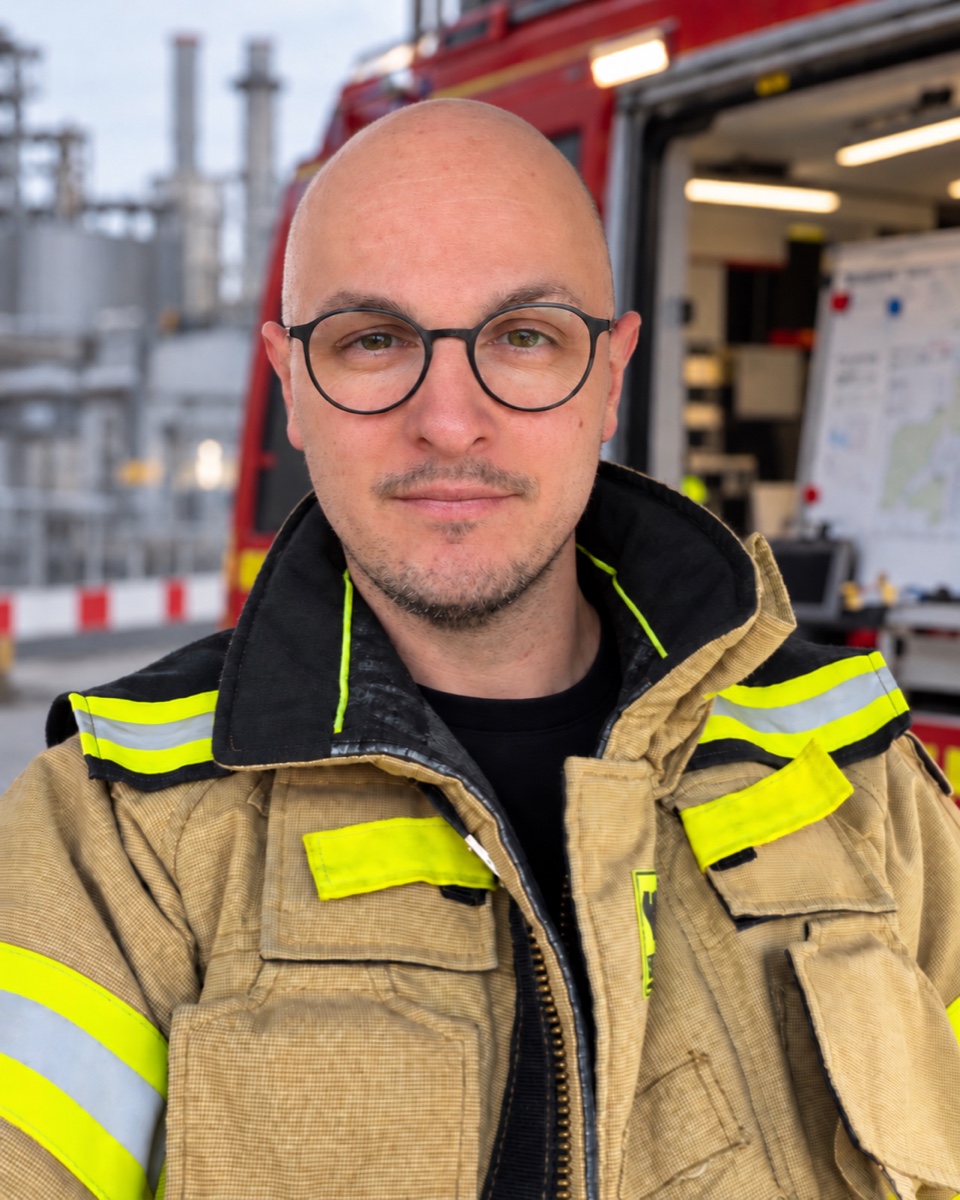 Nils Reinle in Feuerwehr-Einsatzkleidung
